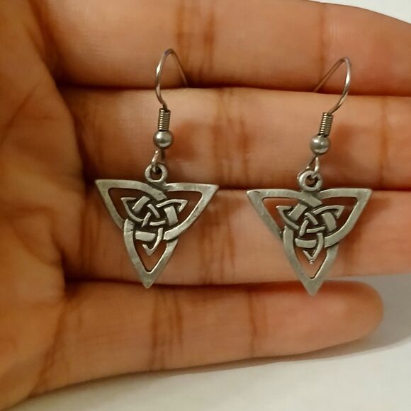 Trinity Celtic Knotwork Triangle Silver Tone Drop Earrings - Picture 6 of 7